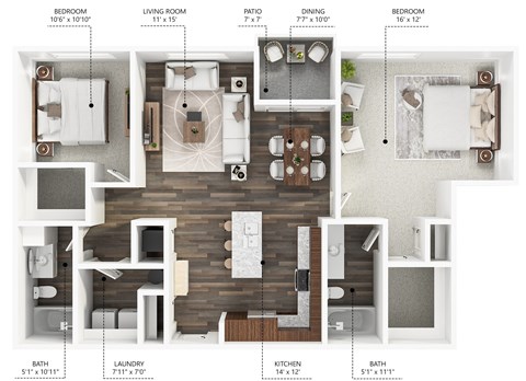 Floor plan for 2 beds, 2 baths, 1163 sqft